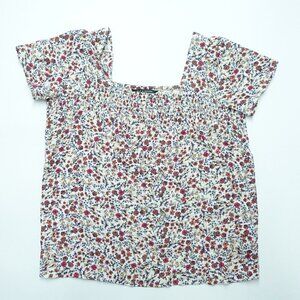 Zac & Rachel Blouse Women Small Red blue Floral Print Smocked Square Neck